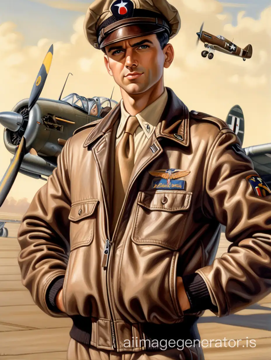 Handsome-WWII-Officer-in-Leather-Jacket-at-Airfield