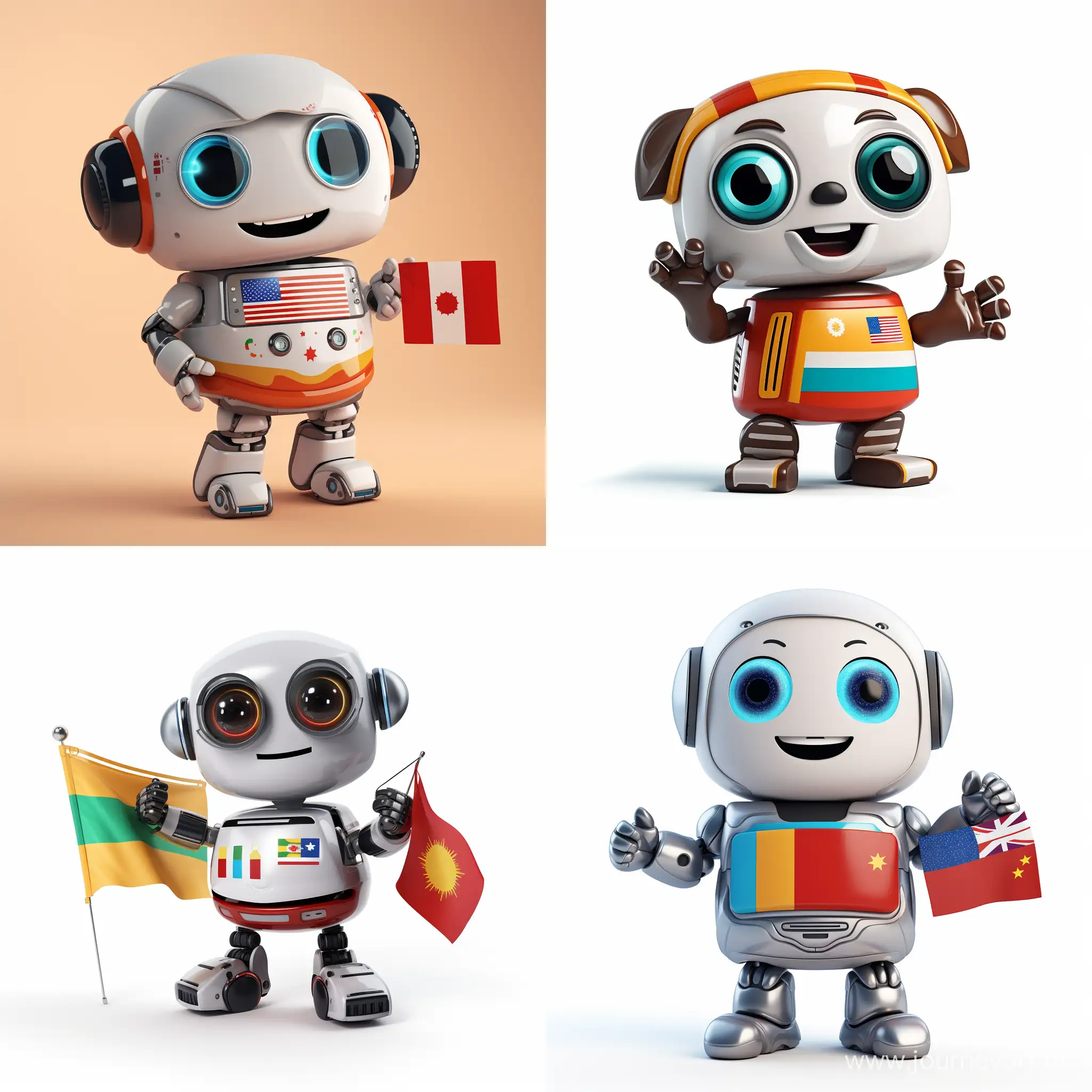 Happy and cute robot animal holding flag. Include localization thematic such as globe, countries or languages. Inlcude us, uk, spain, mexican, german and french flags.