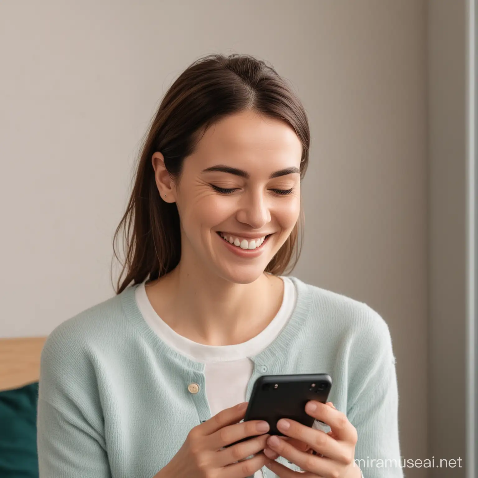 A woman looking at her phone and smiling