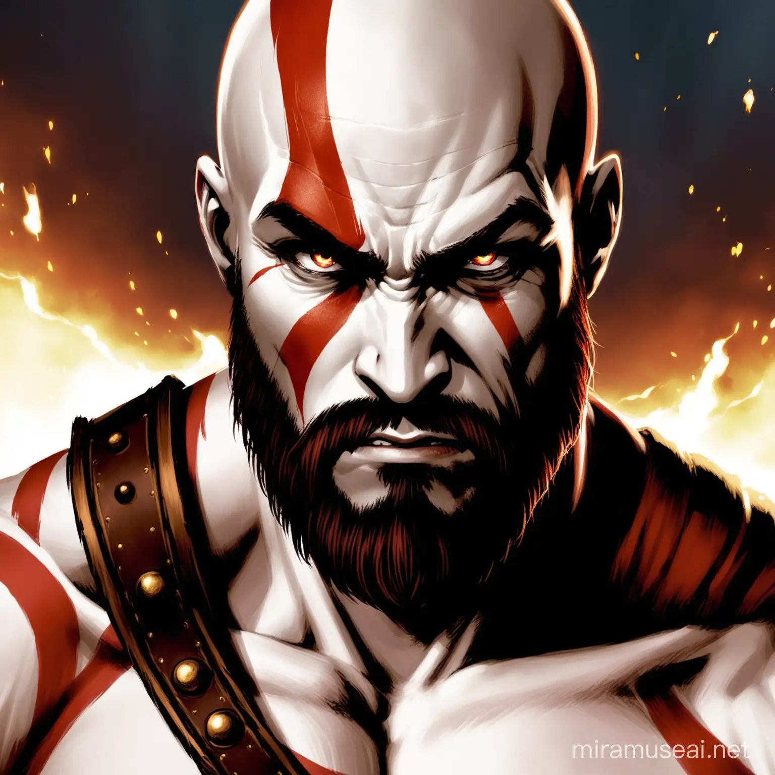 A frontal picture of Kratos from God of War 2005 looking at the camera