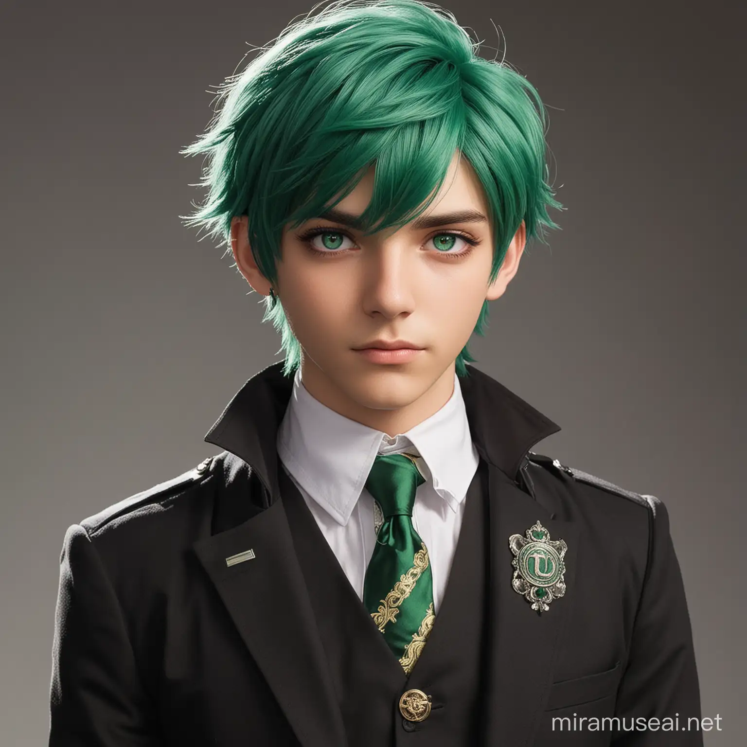 A Green Haired Male who has Emerald colored eyes and looks like 21 years old, wears an outfit that is similar to magic academy students with the color of Black and Green.