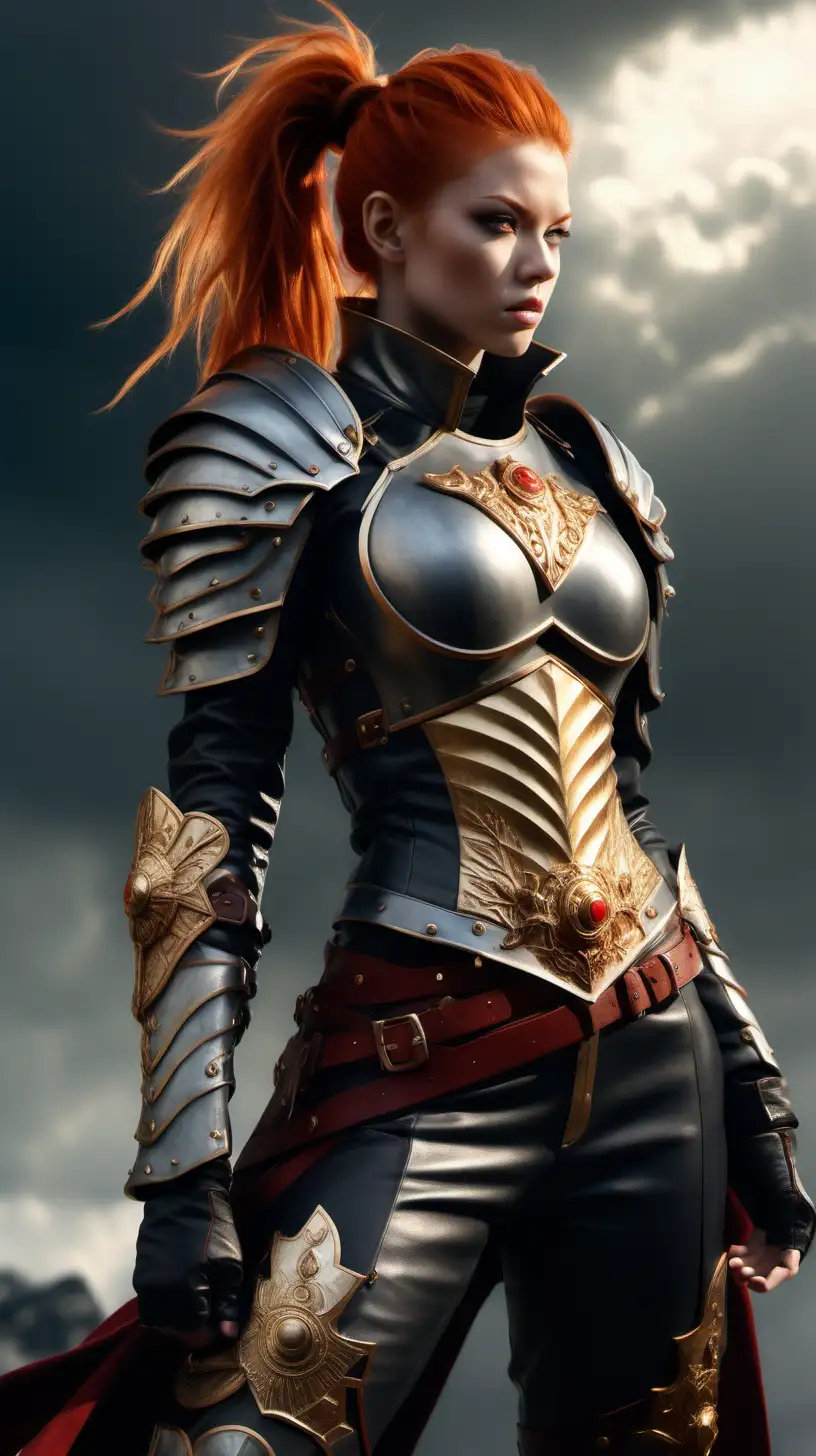 Fantasy setting, beautiful young nordic, very muscular, red ponytail hair, gray heavily armored coat with a golden sun emblem leather pants, in fighting stance, With an alluring gaze and an air of otherworldly grace, she embodies the spirit of this magical-infused realm, full body photo, angle from below, intricate details, detailed face, detailed eyes, hyper realistic photography,--v 5