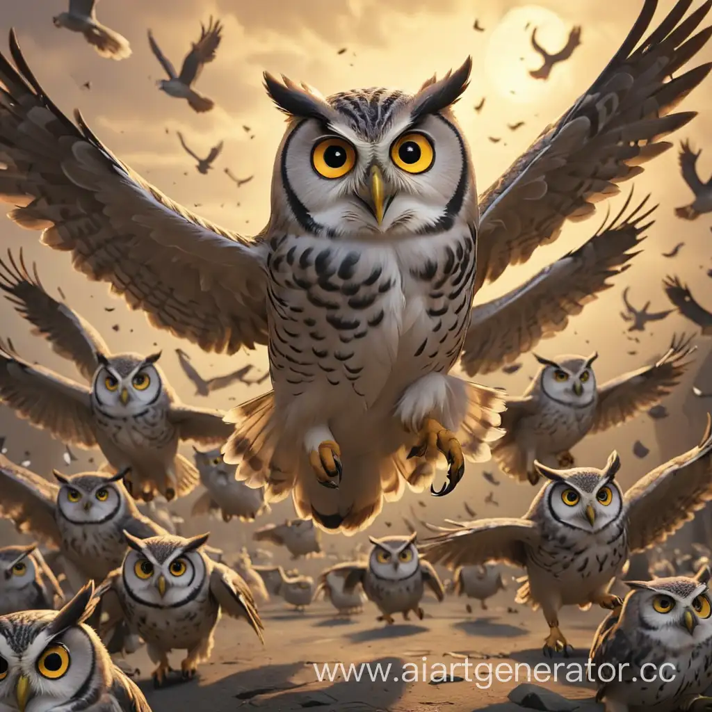 Menacing-Cartoon-Owls-Flock-in-Flight