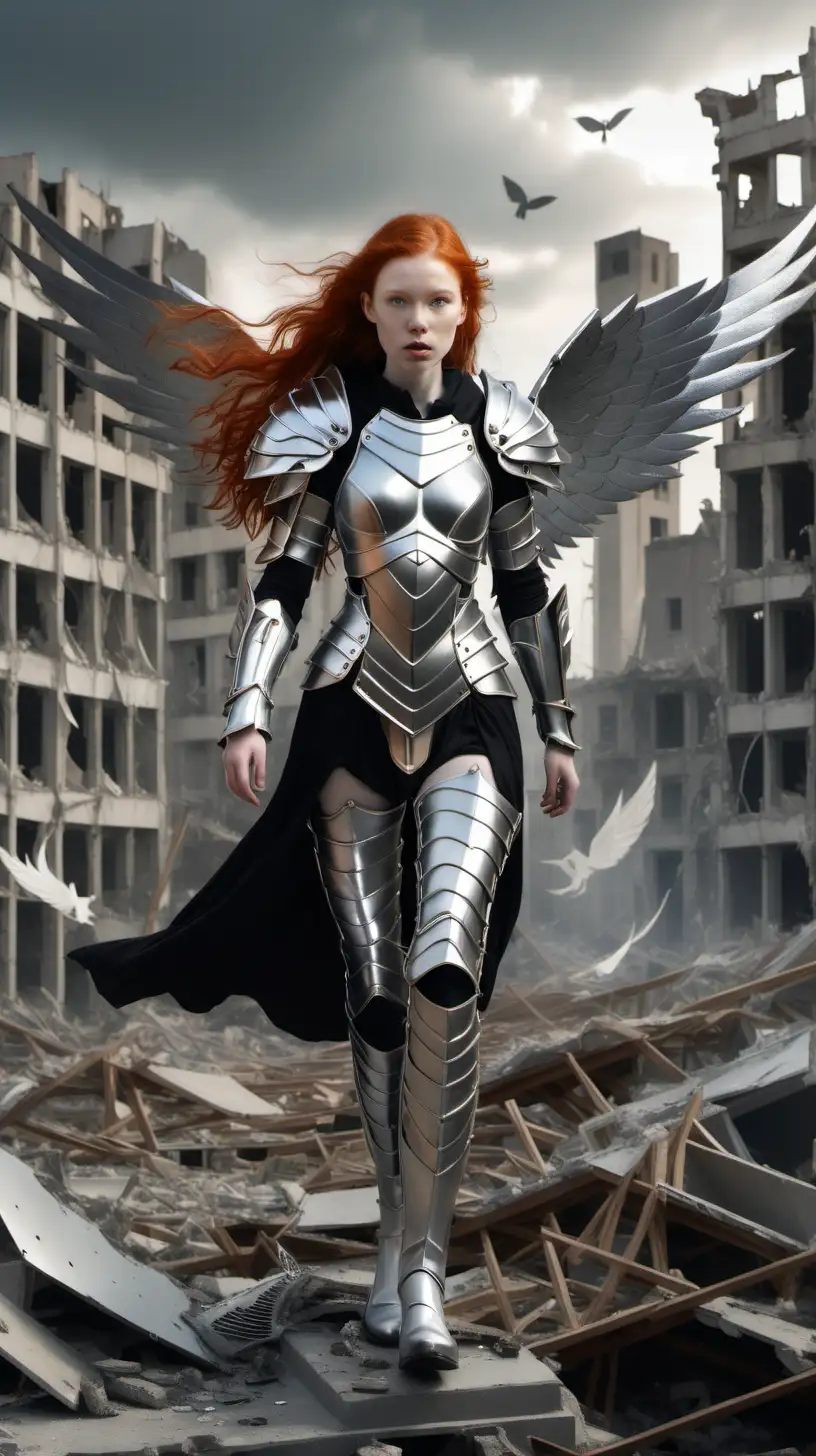 Young redhead woman with silver armour with wings floating above destroyed city