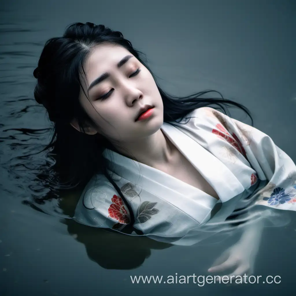 Япония, средние века. Горное озеро с ледяной водой. На дне лежит утопленница - девушка лет 17, её хорошо видно сквозь прозрачную воду. Прекрасное лицо, глаза закрыты, длинные чёрные волосы разметались вокруг головы, одета в простое белое кимоно. Трагизм, смерть, эстетика.