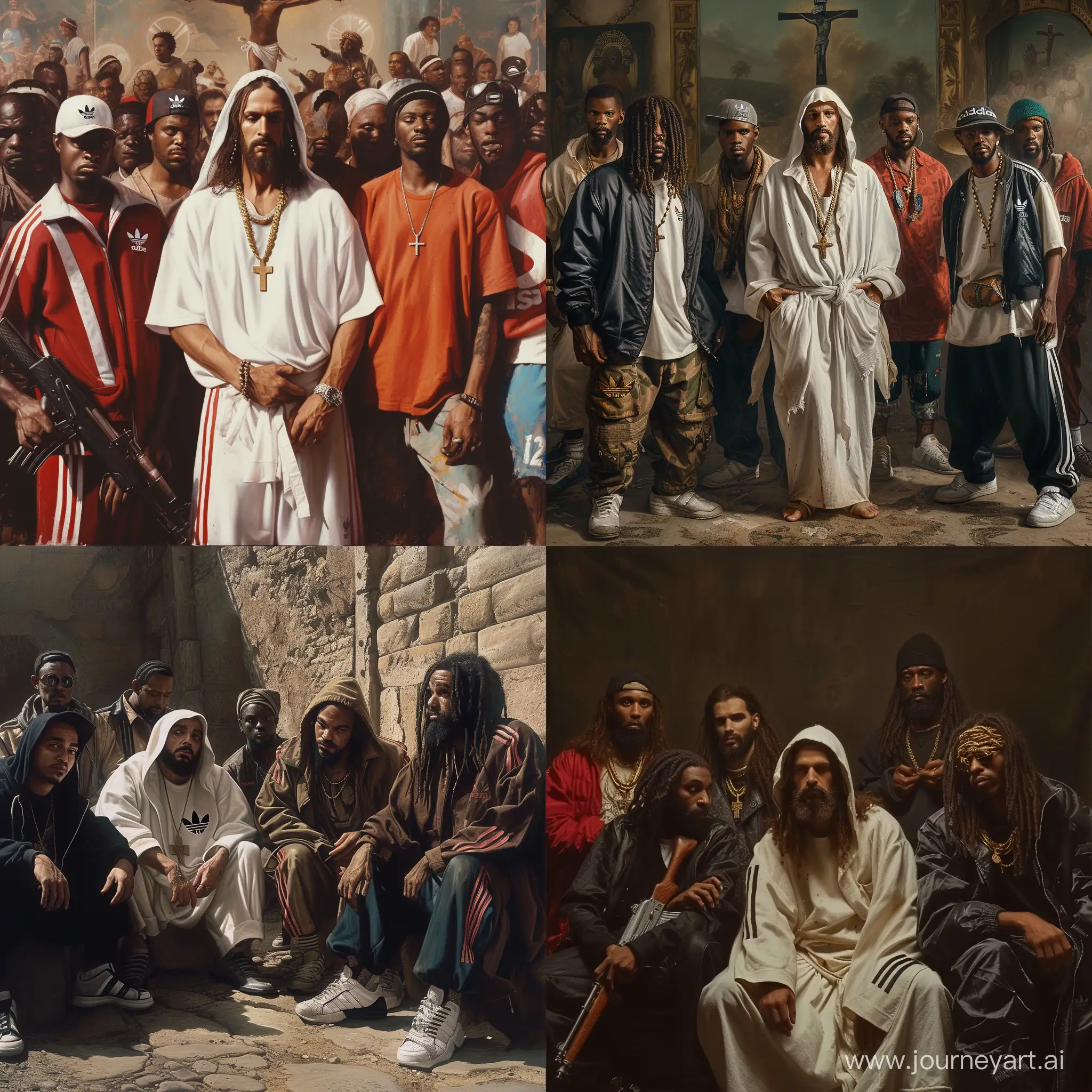 Jesus with gangsters in adidas clothes