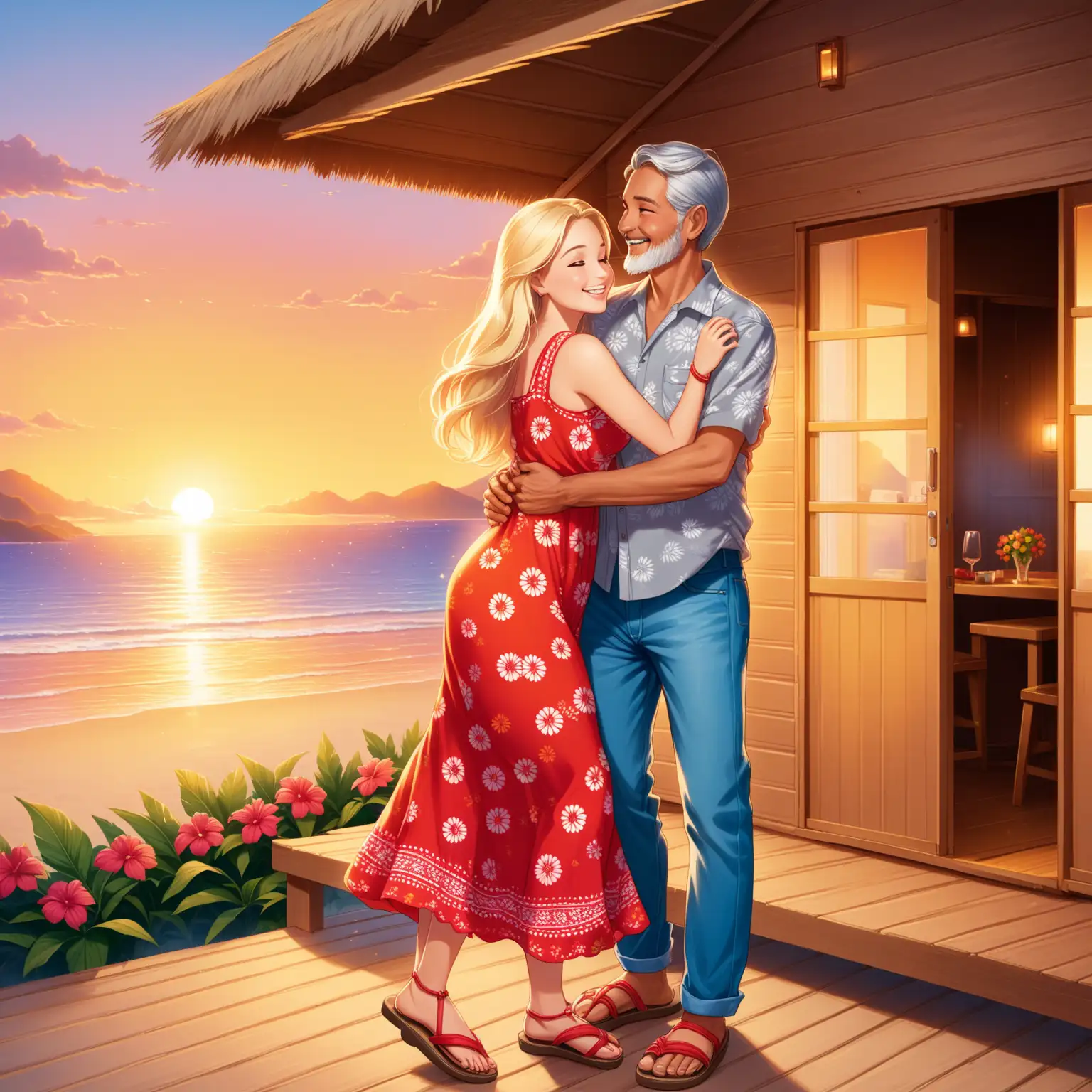 Romantic Sunset Dance Young Barbie and Older Andean Man on Beach Hut Terrace