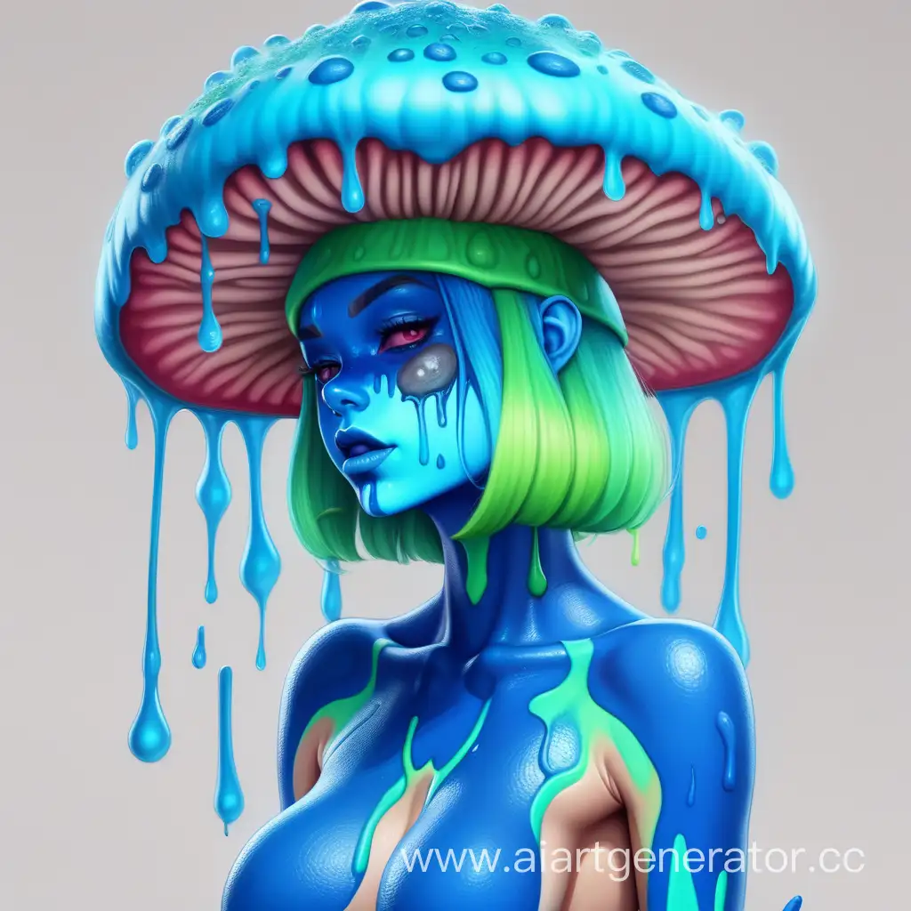 Хуманизация гриба в латексную девушку с голубой неоновой кожей покрытой слизью кожей с шляпкой гриба на голове