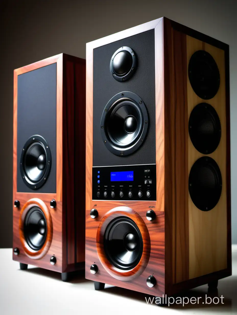A music system, wooden housing, built with an mp3 Bluetooth speaker module, two 10-watt Stereo speakers placed vertically on the right side.