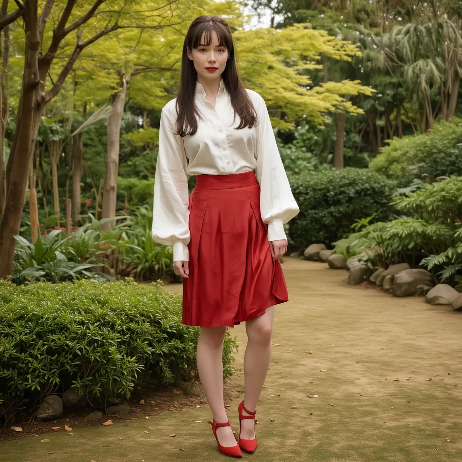 Dans jardin japonais, vue dynamique de face, les mains jointes en avant, Anna Popplewell frange scindée en deux, chignon, Chemise ivoire manches longues en satin stretch soyeux très très échancrée et micro jupe rouge vif en lin et escarpins rouges