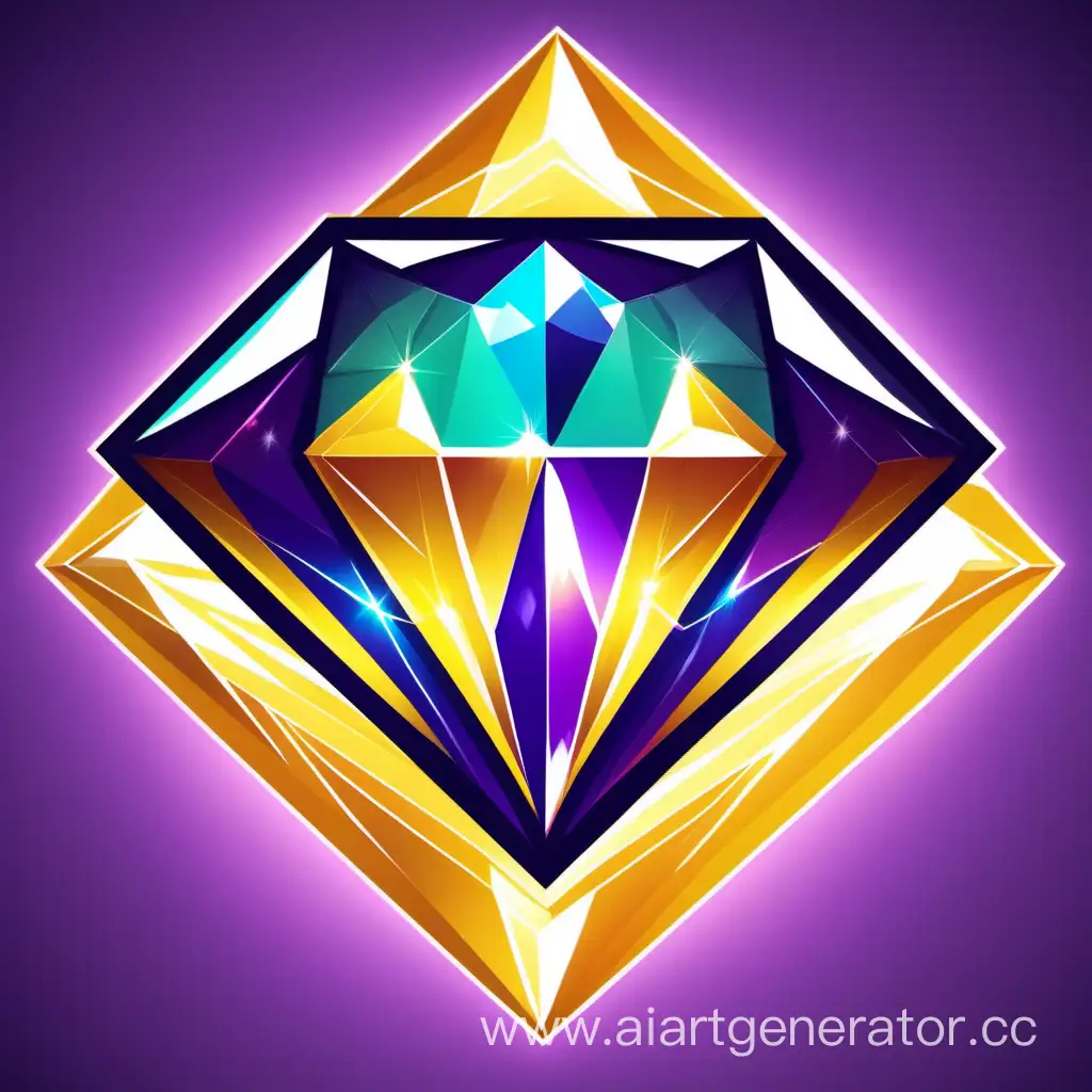 Значок  на котором изображен фиолетовый, бирюзовый и желтый алмаз с сиянием