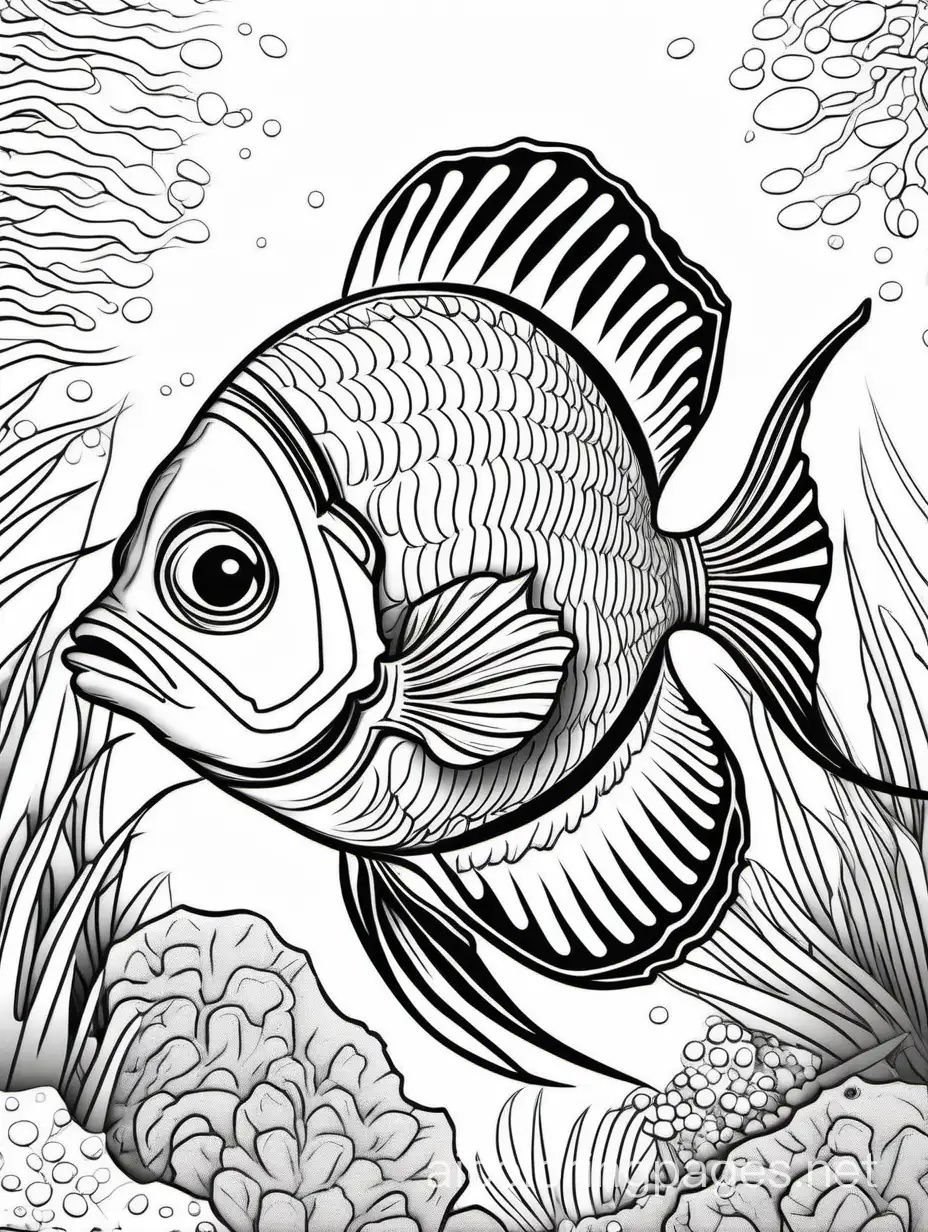 Tropical fish, Extremely detailed fantasy line art beautiful high detail crisp quality, colourful, Coloring Page, black and white, line art, white background, Simplicity, Ample White Space. The background of the coloring page is plain white to make it easy for young children to color within the lines. The outlines of all the subjects are easy to distinguish, making it simple to color without too much difficulty, Coloring Page, black and white, line art, white background, Simplicity, Ample White Space. The background of the coloring page is plain white to make it easy for young children to color within the lines. The outlines of all the subjects are easy to distinguish, making it simple for kids to color without too much difficulty