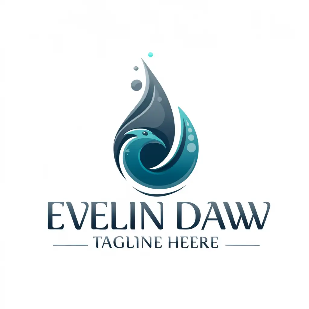 a logo design, with the text 'Eveline Daw', main symbol: minimal abstractly painted crow head inside feathery fluid water droplet splash, cold colors, Moderate, be used in Entertainment industry, clear background