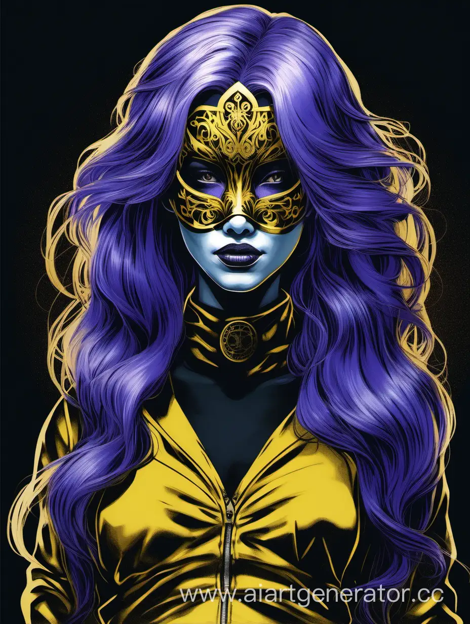 Fashionable-Girl-with-Striking-BlueViolet-Hair-Black-and-Yellow-Ensemble-and-Elegant-Golden-Mask