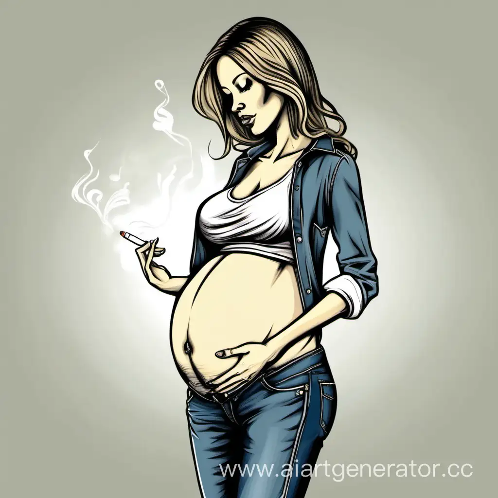 Худая, беременная, с раздутым животом, с большой грудью, в узких джинсах, курит