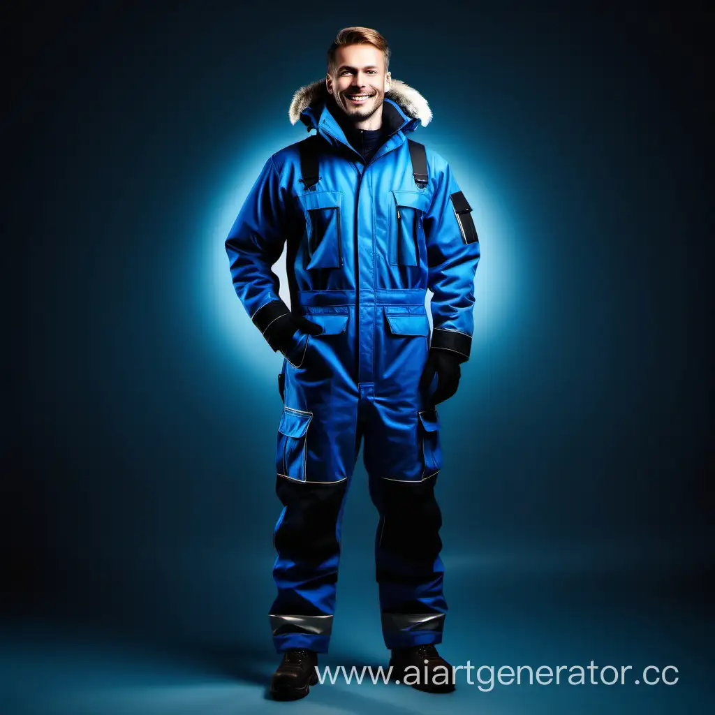 beautiful very insulated  workwear handsome nordic man smile black blue, 8k dramatic light, front view, full-length