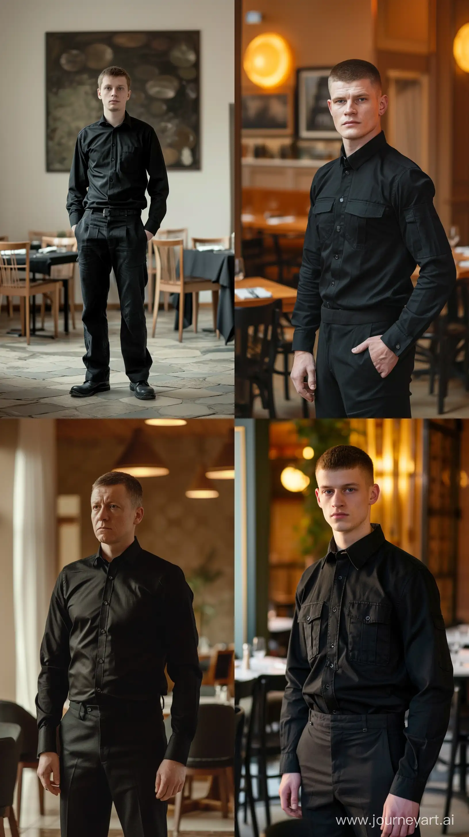 a short man with short brown hair in a black shirt and trousers stands in the realism restaurant   --v 6  --ar 9:16