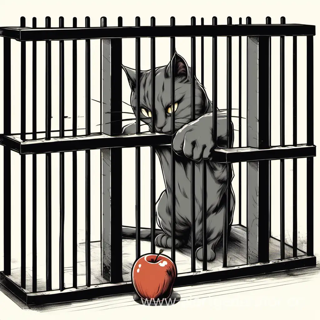 Надзиратель тюрьмы передает яблоко котику за решеткой