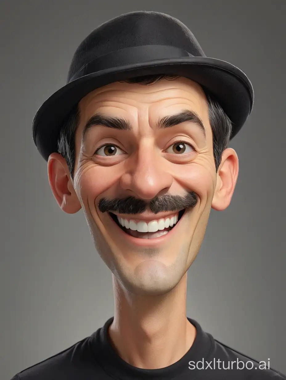 Caricature of a man with a thin mustache, short black hair, wearing a bowler hat, wearing a black t-shirt with text "SHEILA". Smiling, Gray background
