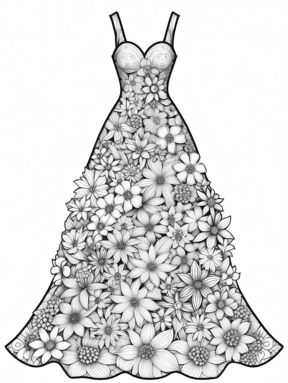 Floral Gown Coloring Page Exquisite Black and White FlowerThemed Dress