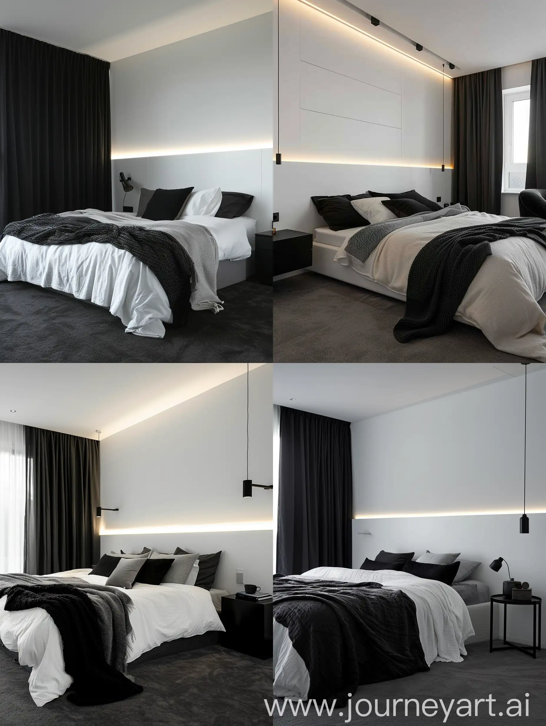 Camera da letto parete bianca con riquadro incassato nel muro illuminato da barra led, letto con coperte nere bianche e grigie, tende nere, tappeto grigio. Comodino basso nero. Lampade lunghe sopra al comodino.  Vista laterale 