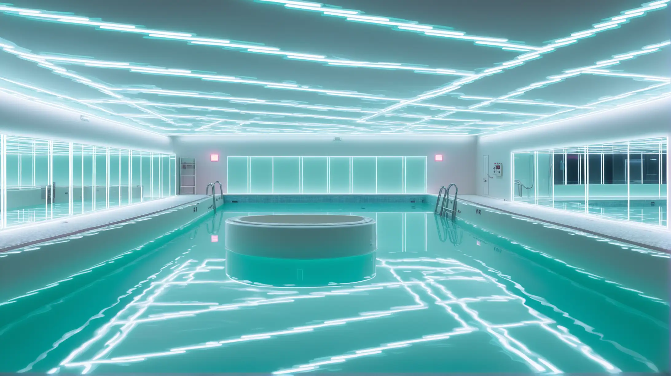 indoor basement pool full of milk creamer. no water. very intricately and microscopically detailed. highlighting the white color. emphasizing the free flow of liquid. emphasizing the smooth and creaminess of the milk. the ceiling is reflected by a mirror. the room is dim with neon lights. The color scheme revolves around white. The key accessory is the milk 