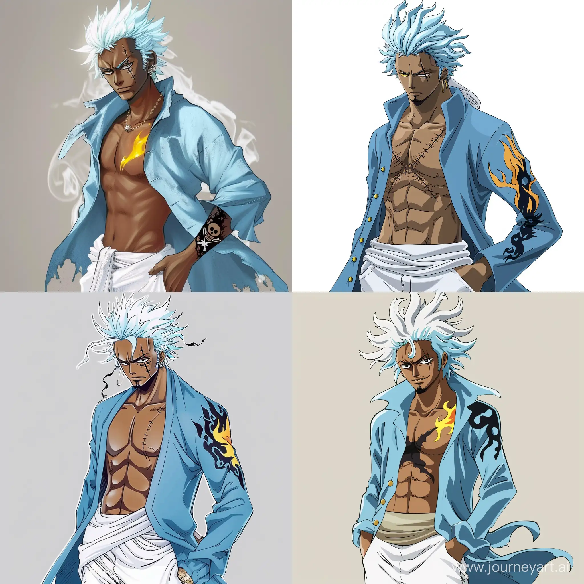 Shandia-Youth-with-Unique-Appearance-Dark-Skinned-One-Piece-Character-with-White-and-Blue-Hair-and-Flame-Tattoo