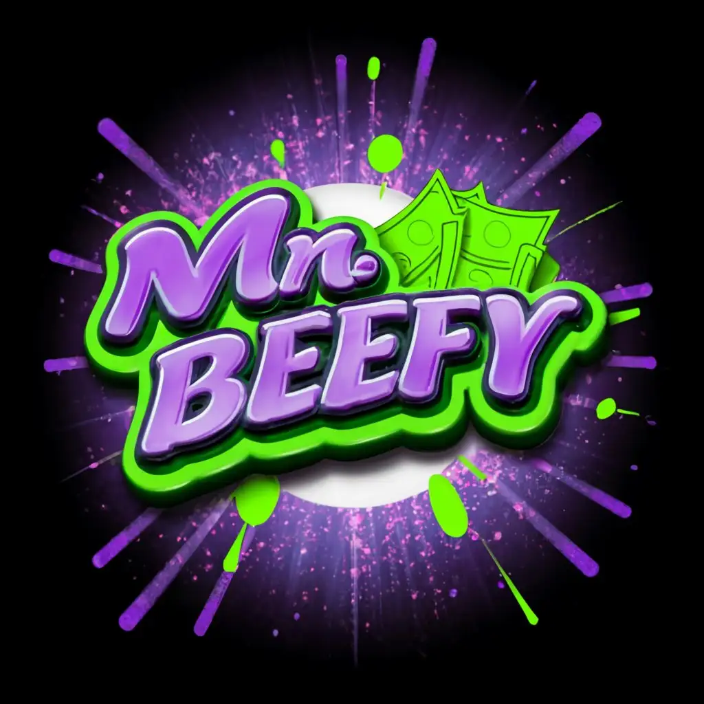 LOGO-Design-For-Mr-Beefy-Dark-Purple-Lime-Green-with-Money-and-Splatter-Theme