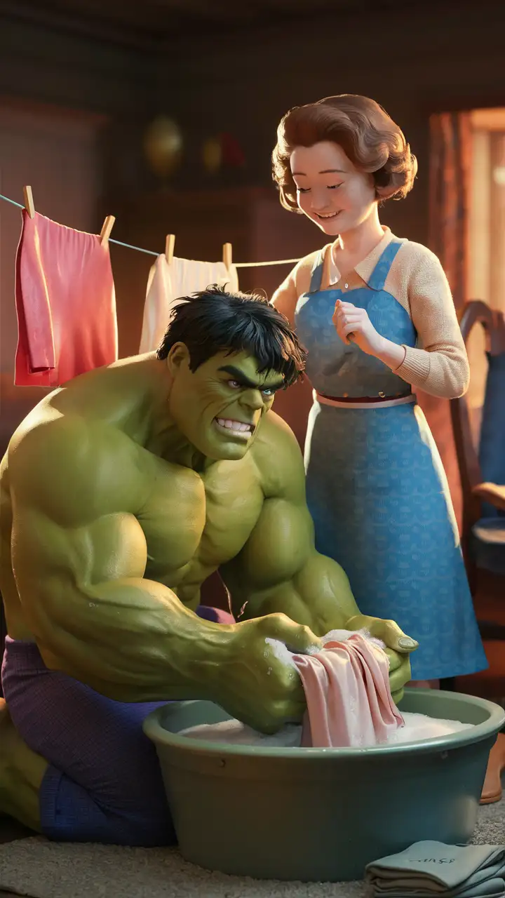 Hulk washing his wife's clothes at home. Hulk's wife is standing beside him