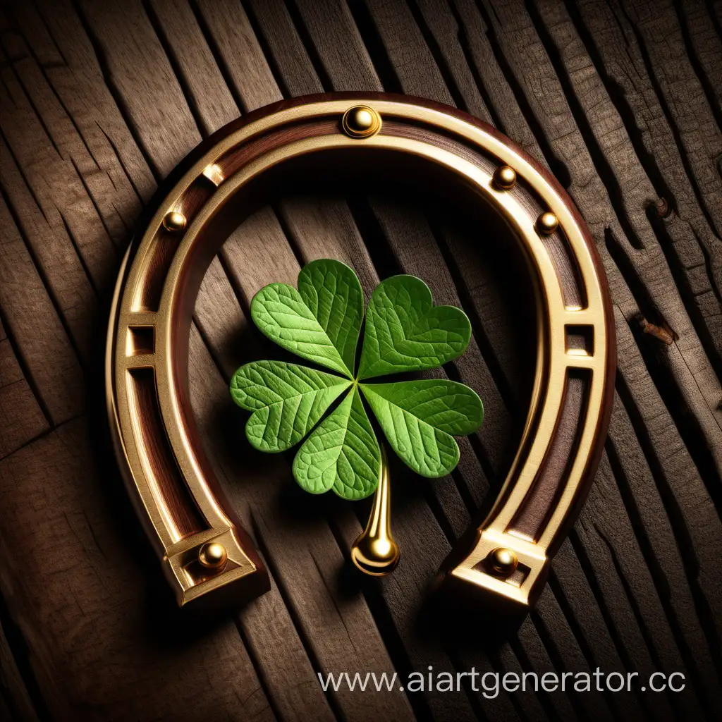 A golden shiny horseshoe with a clover leaf against the background of a noble dark brown wood cut.