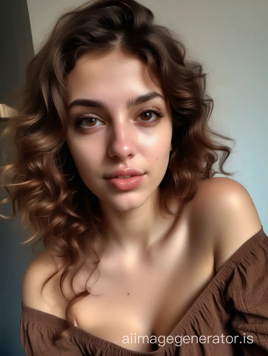 picture taken with iPhone camera of Michela, an Italian prosperous girl, just came back home from college with brown wavy hair, wearing off-shoulder cropped brown top, realism, HDR, 26 years old, hyper-detailed, photorealistic, 64k, beautiful and delicate lips, showing breast