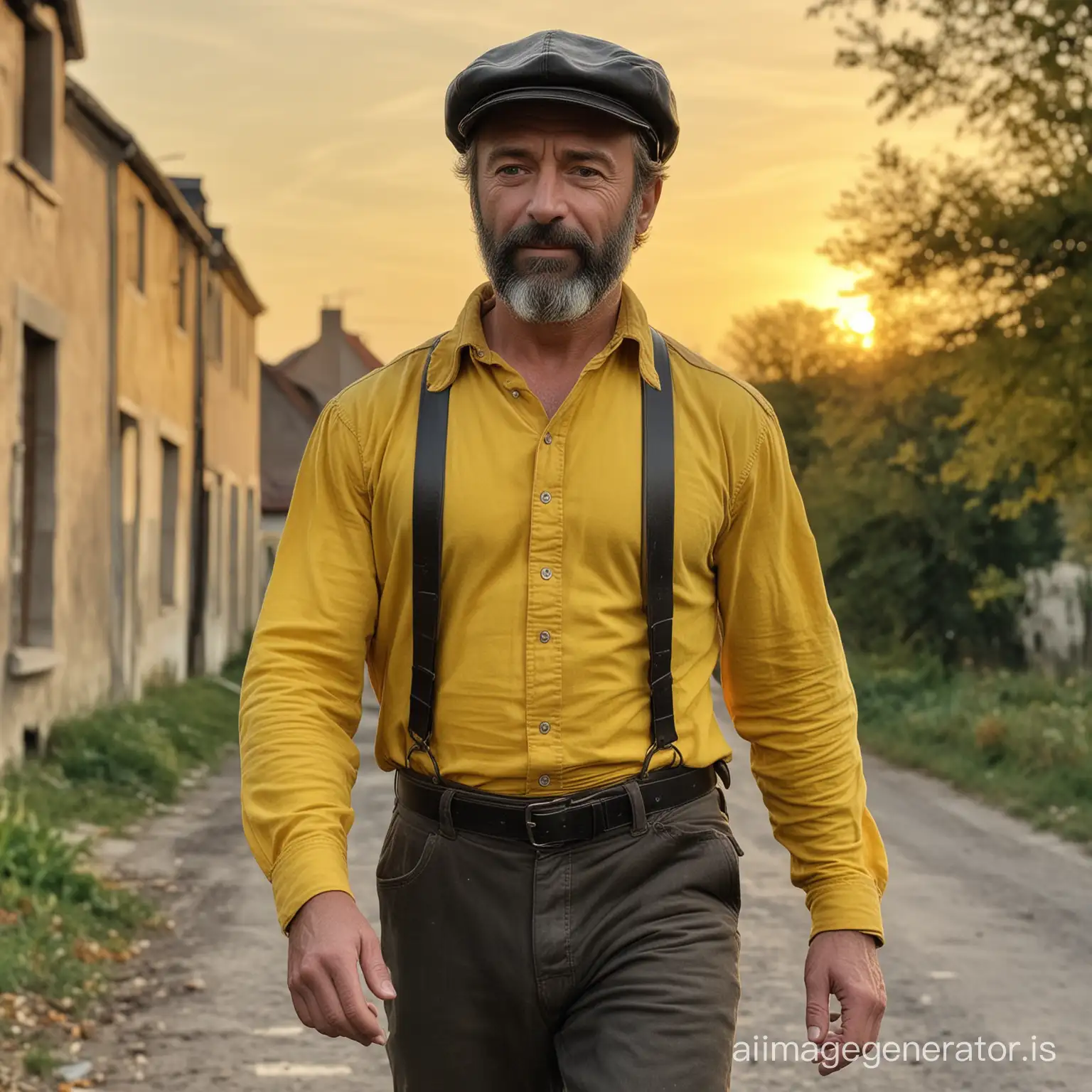 jean valjean, stout, robust, in the prime of life, wearing a coarse yellow shirt and a leather visor cap, walking at sunset in october in dignes of victor hugo