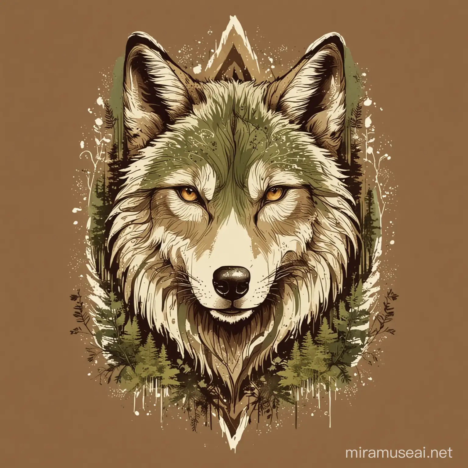 t-shirt design Wolf abstract cream and moss brown