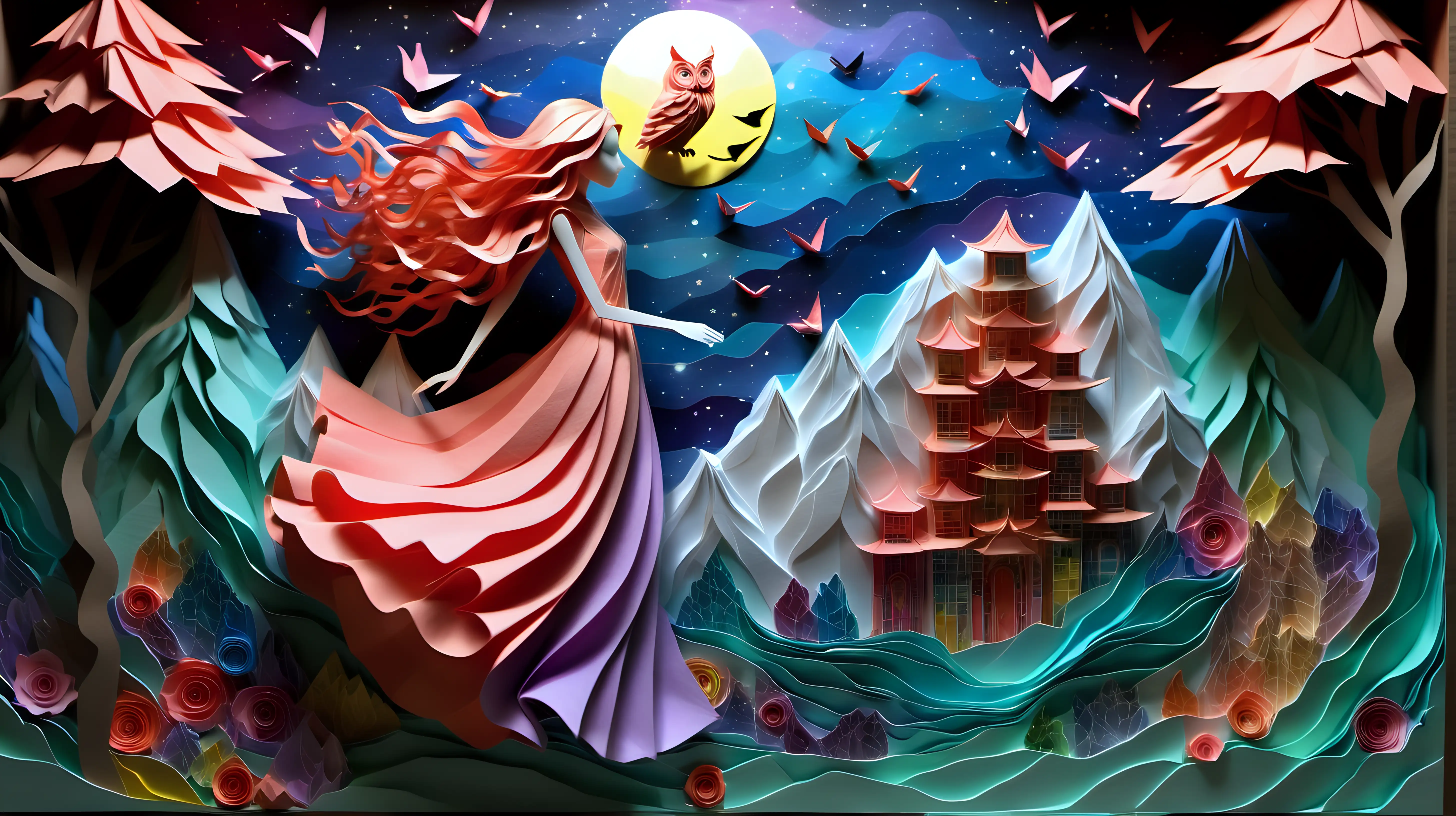 Abstract art paper art origami, DIORAMA, ghibli inspired painting  of beautiful enchanting slender, long coral wavy hair, sheer flowy dress, 18 YEAR OLD girl who shape-shifts into an owl, ethereal owl princess, playing with a big colorful owl in an enchanted forest skyline, flowers, fireflies and moonlight, sea of clouds, mountain, temple, colorful, cliff