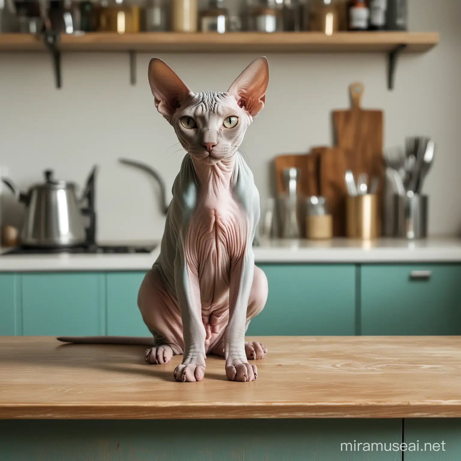 Кот породы сфинкс сидит на барной стойке на кухне в бирюзовых тонах