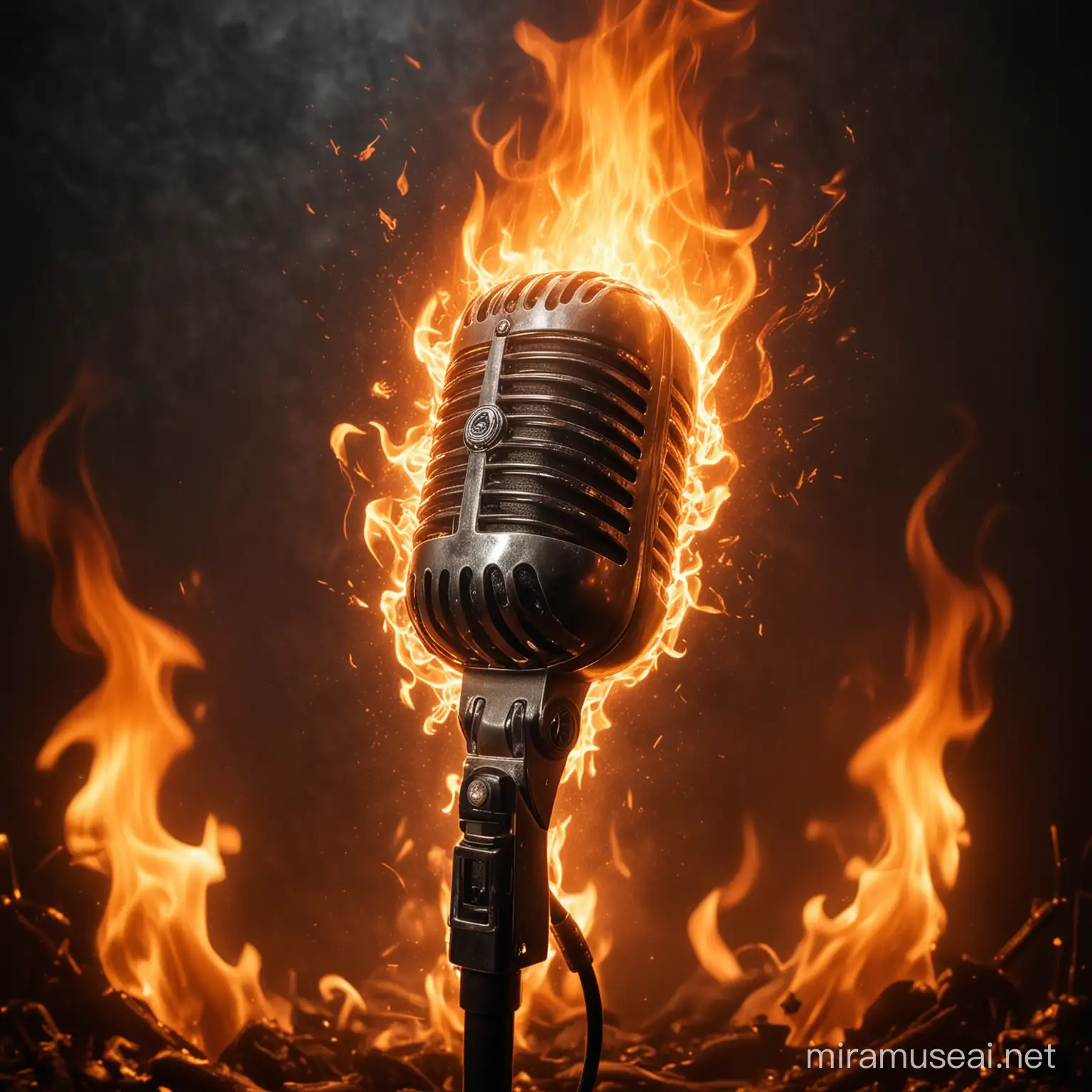 Vintage Microphone Engulfed in Fiery Flames