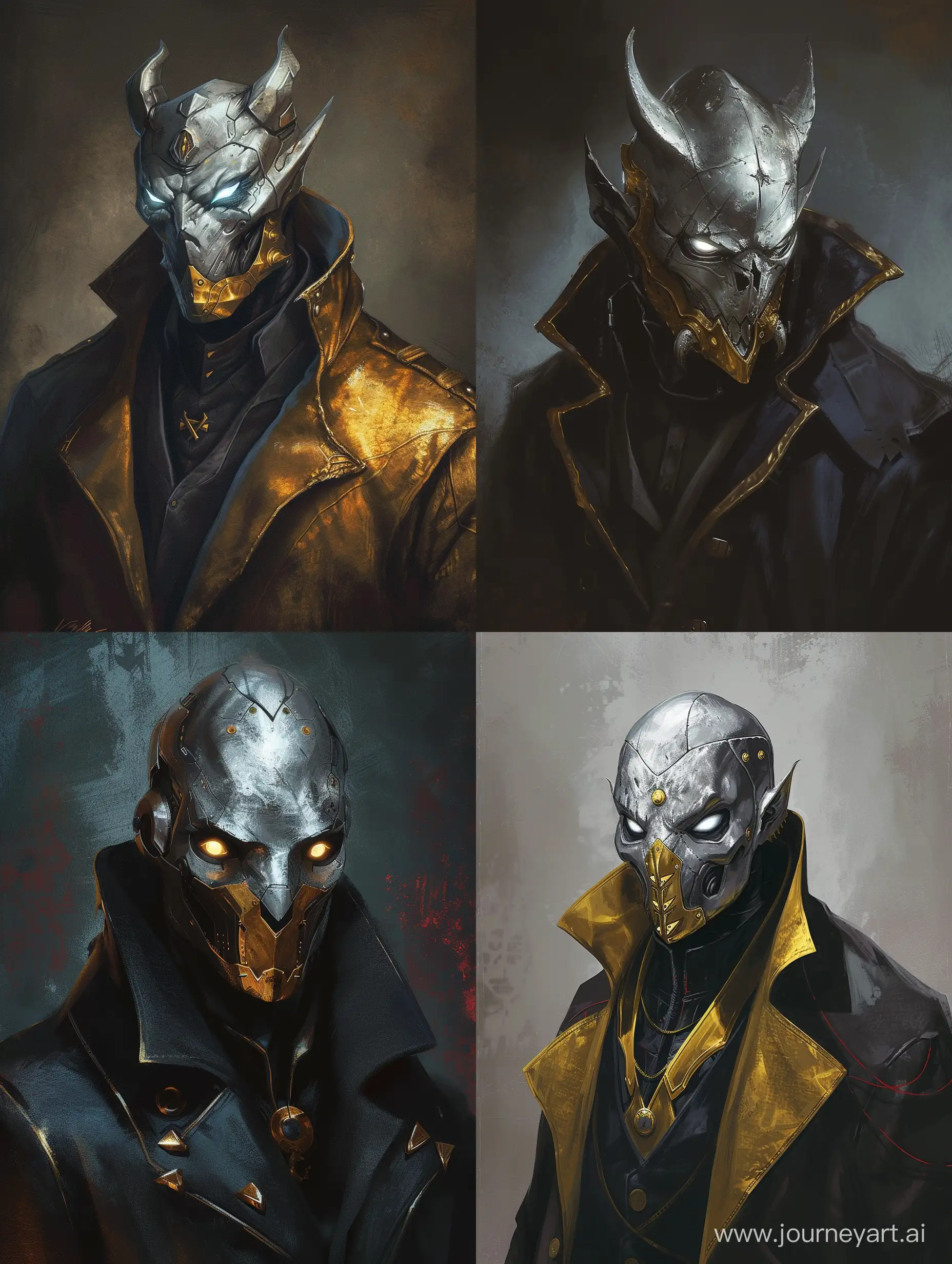 concept art reference, comics style demon lord, silver eyesles mask, glow eyes, humanization, in science coat, gold mask, portrait sheet