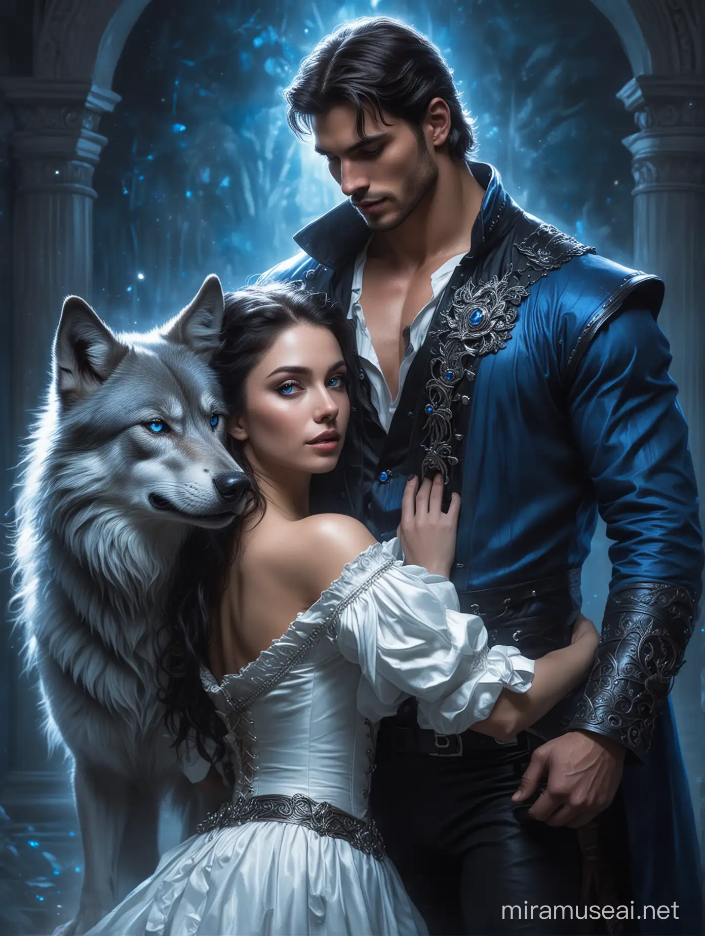 A beautiful lady in a slave attire, held romantically by a handsome young muscular man in a prince attire, with a luminous blue wolf glowing behind them