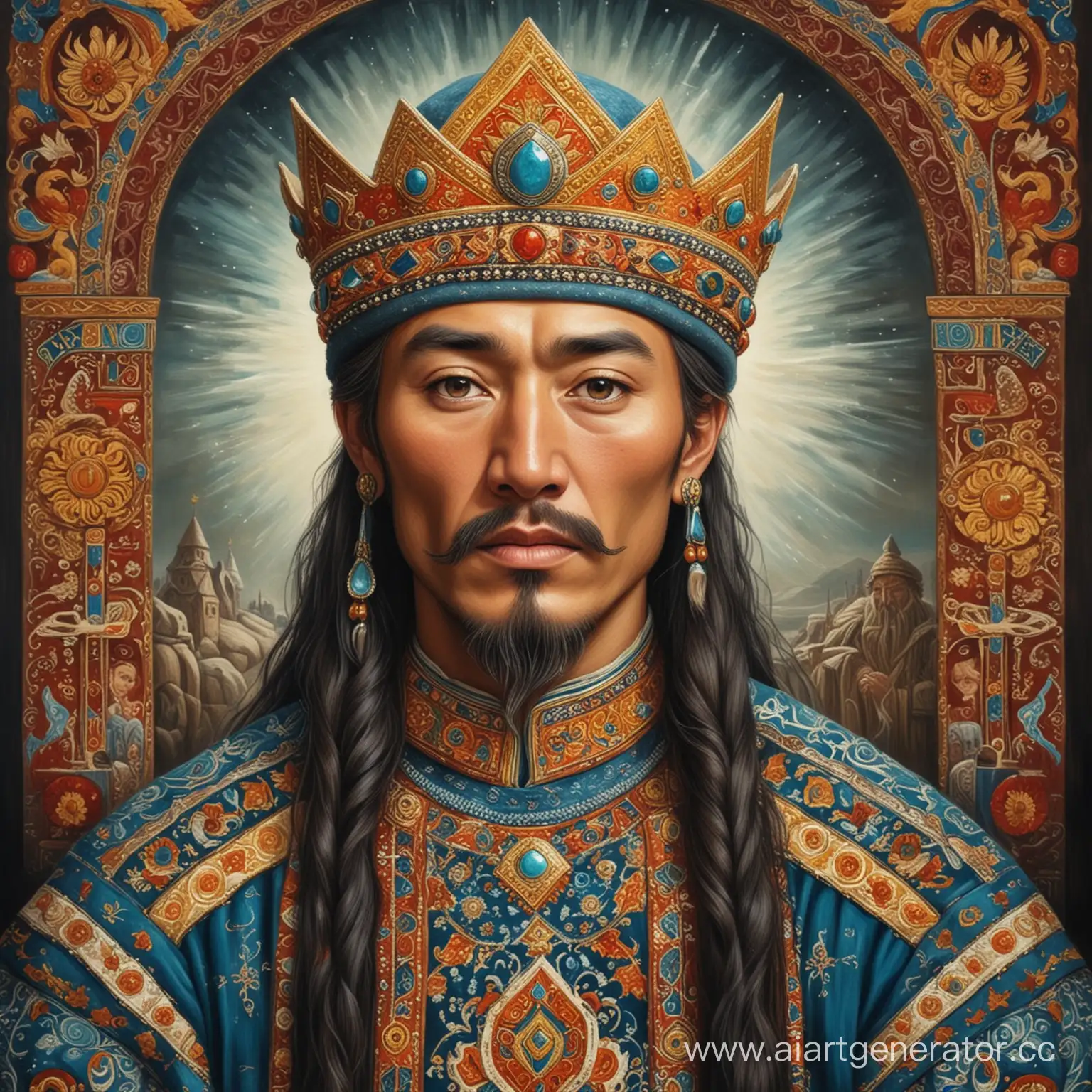 портрет воображаемого персонажа "Царя подземного царства" из  казахской национальной народной сказки "Ертостик" в национальном стиле
