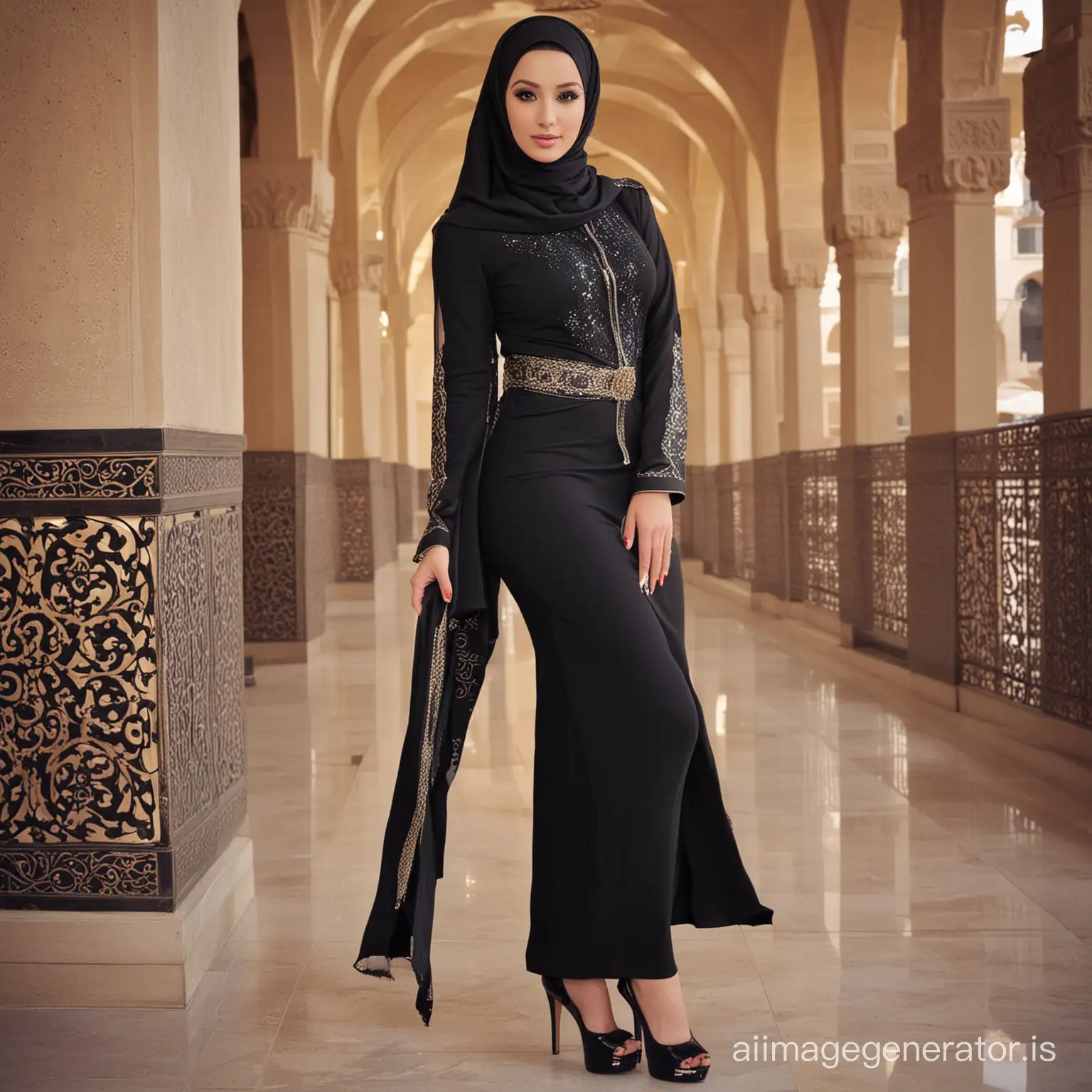 tight arabic abaya, hijab, showing leg, high heels
