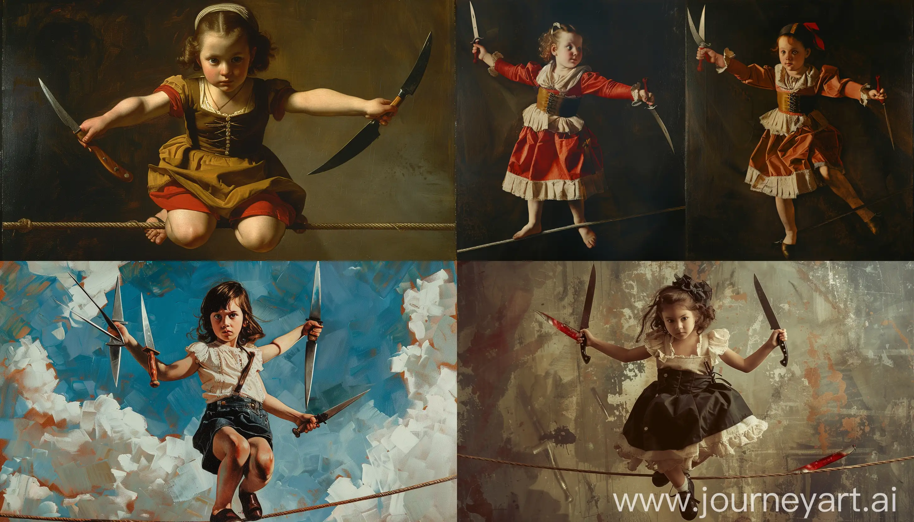 A little girl on a tightrope, holding  knives in the style of Caravaggio --v 6 --ar 7:4