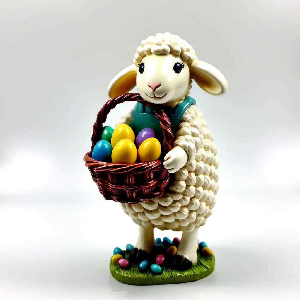 Easter Resin Sheep Carrying Basket on White Background