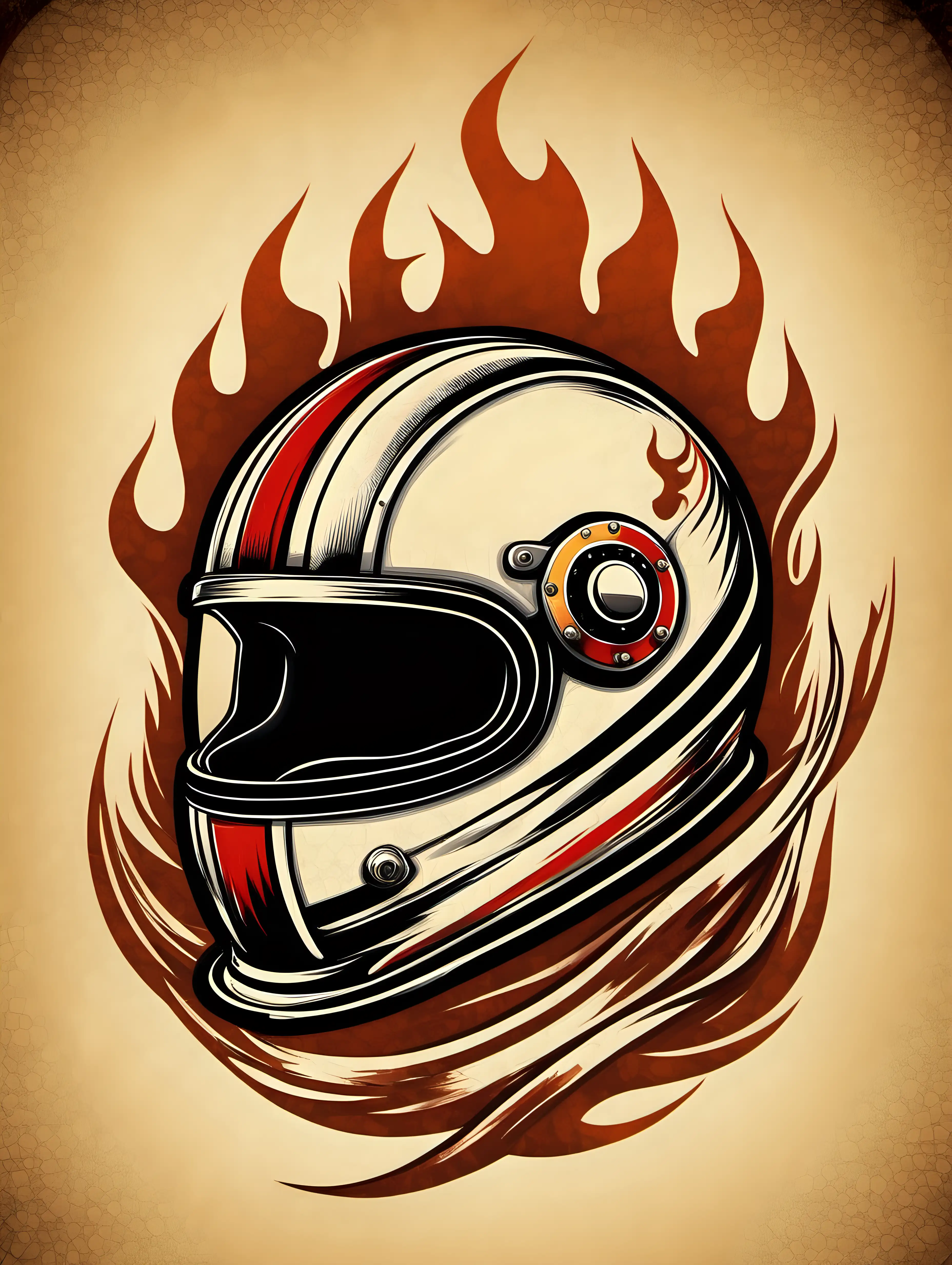 racing helmet in vintage style draw with racing flag and flames