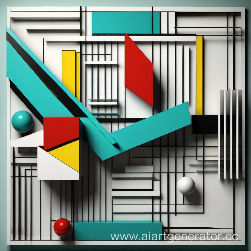 Bauhaus style 3d simple  art with red, yellow, black, white bauhaus colours and turquoise green, blue bauhaus colours showing shape and form, 