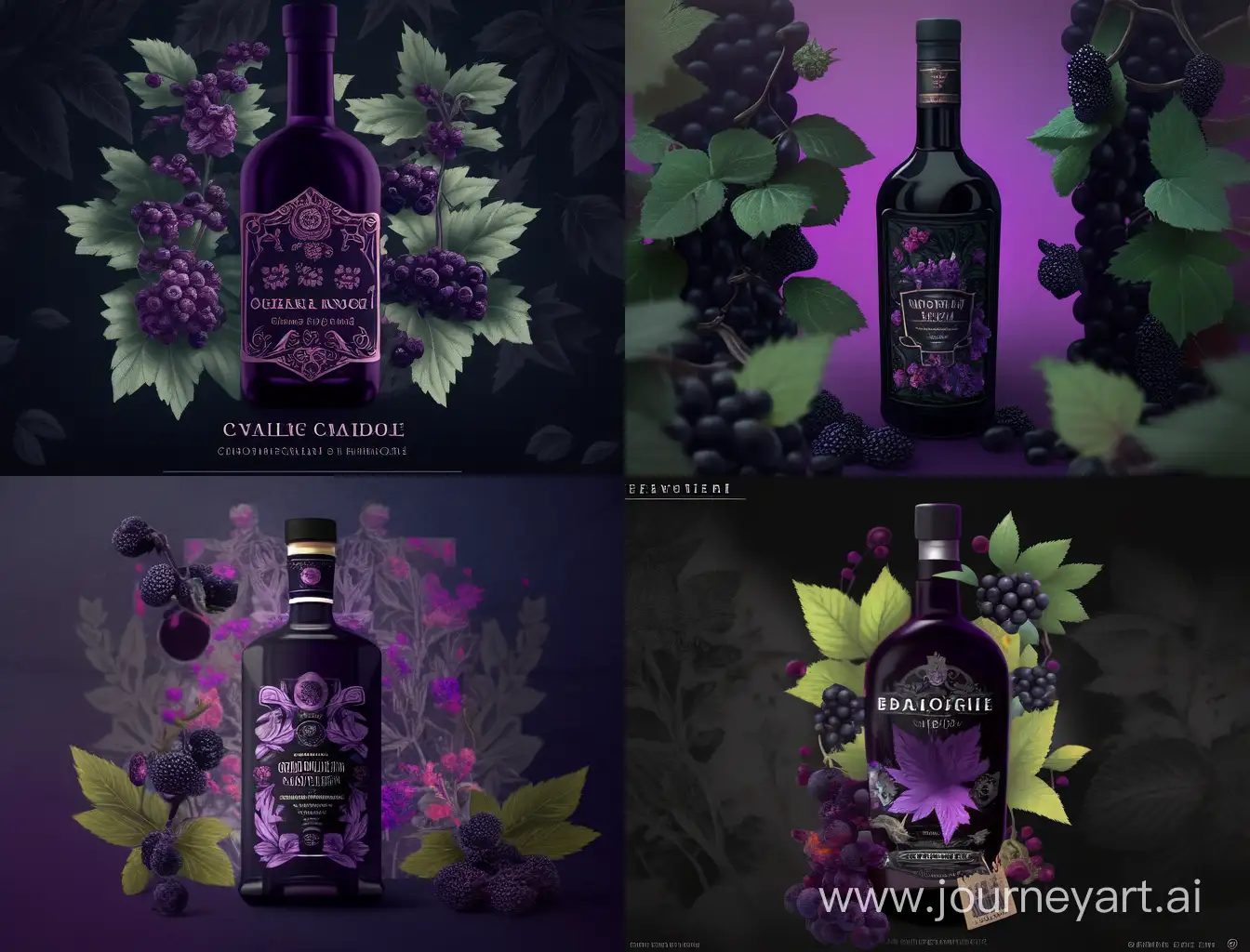liquor label, craft, violette and purple colors, black currant berries and leaves, fantasy gothic style dark shades