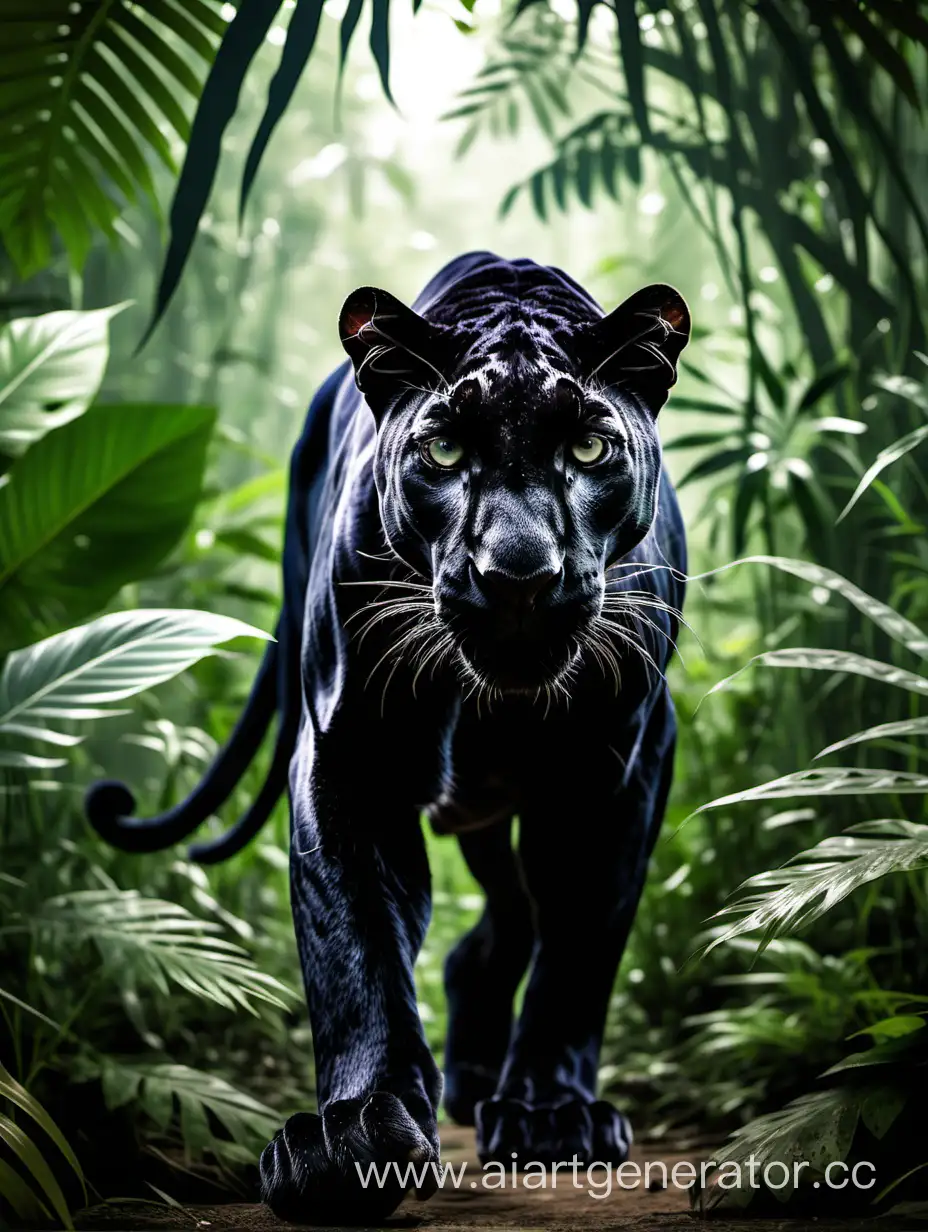 пантера выходит из джунглей смотря в камеру, простой фон