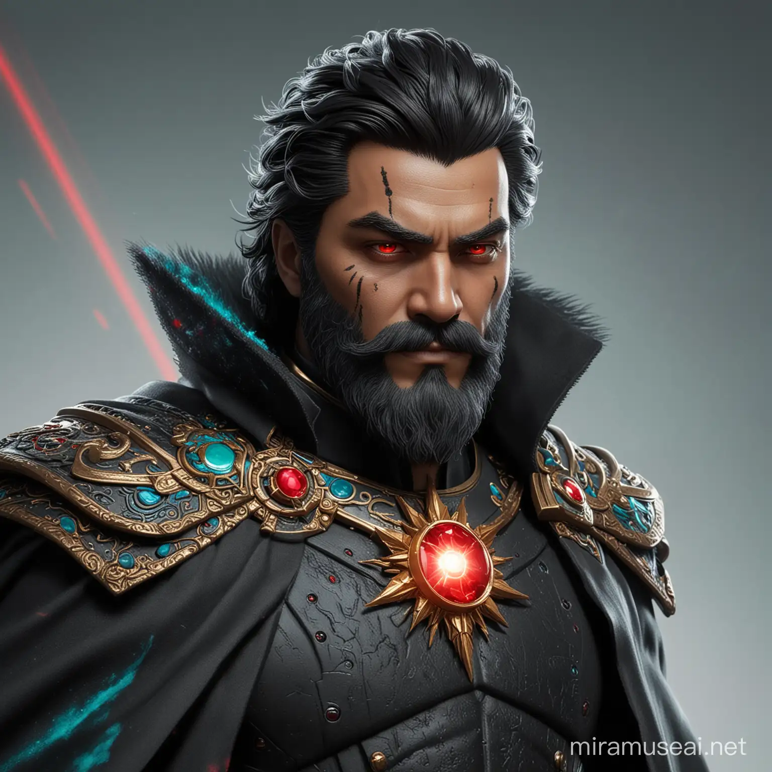 Un emperador especial, traje negro, capa, una gema roja en el pecho, cabello negro y alborotado, piel color turquesa, barba, y ojos rojos que disparan rayos láser. 