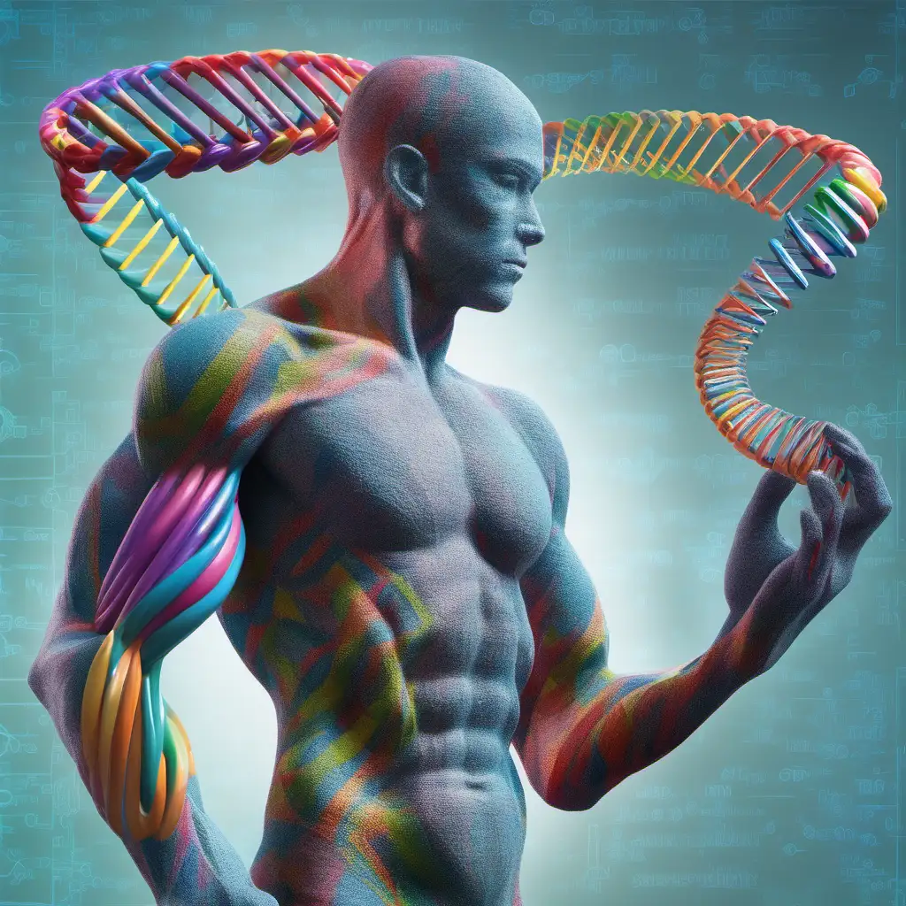 Add in only a colorful double helix DNA strand being held in the left hand of the figure in the picture.