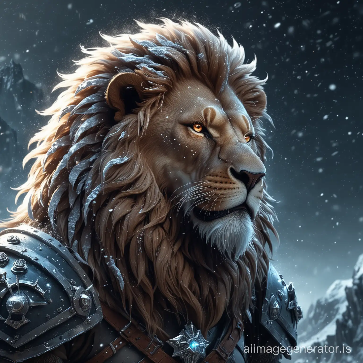 Proud beautiful fantasy lion fighter roars, cold, steam from the mouth, ice, mountains, dark tones, mane. Looks aside. Glowing, frosty sparks, brightness, dark tones. Night, stars. Vector, three-dimensional illustration, HD, 4k, fantasy, cyber.