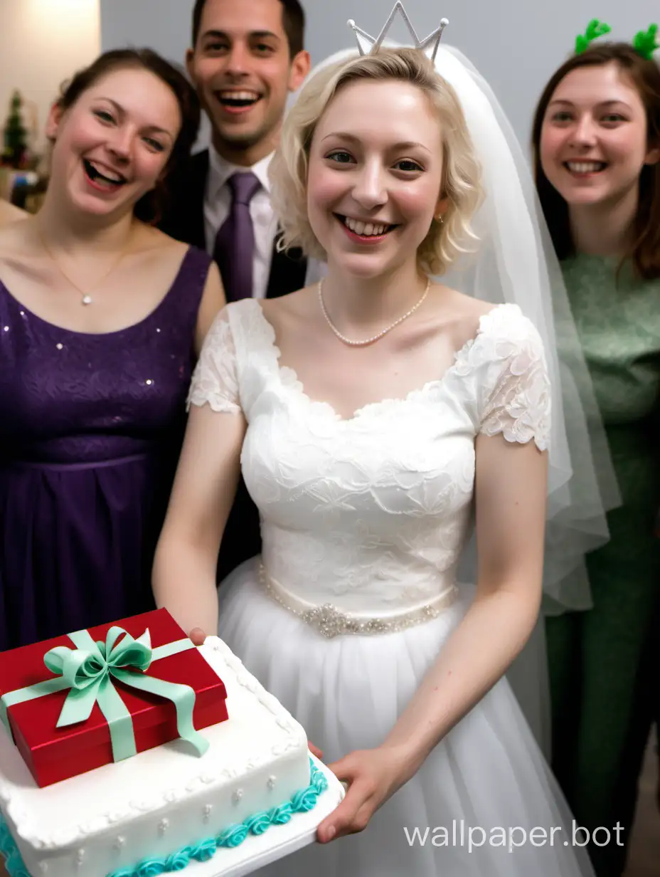 This is a real photo taken at a wedding. Today is MAY's birthday. She is a white lady from the United States. There are happy birthday decorations behind her. Her friends have come to celebrate her birthday. There is a birthday cake around her and she is holding a gift box in her hand. The whole picture presents a festive scene.